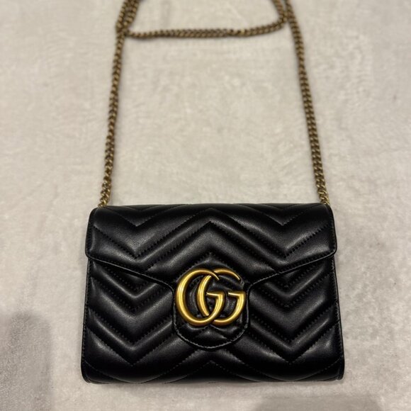 Gucci GG Marmont Bag – Black Leather with Gold Chain - Picture 1 of 5